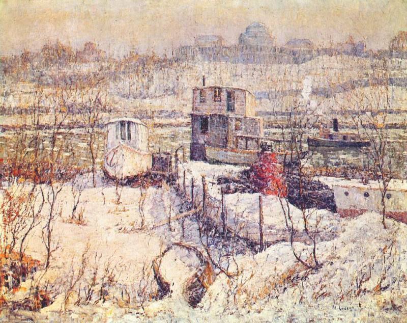 boathouse, winter, harlem river 1916. Ernest Lawson