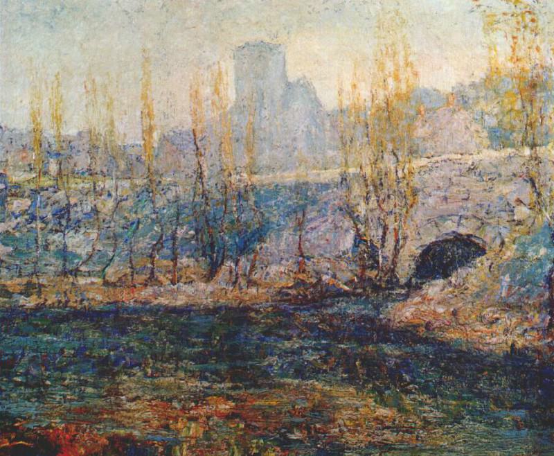 the pond and gapstow bridge in central park, summertime 1914. Ernest Lawson
