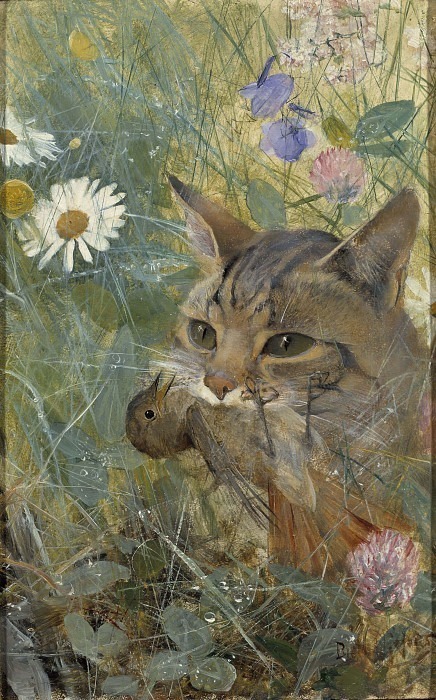 A Cat with a Young Bird in its Mouth. Bruno Liljefors
