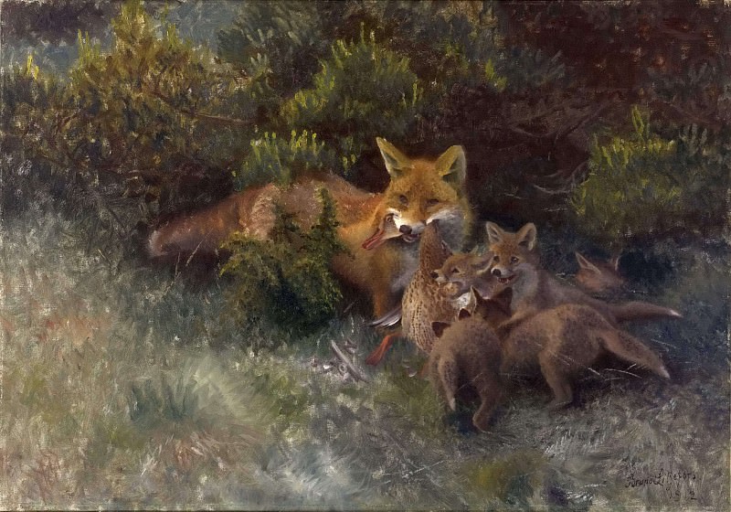 Fox with Cubs. Bruno Liljefors