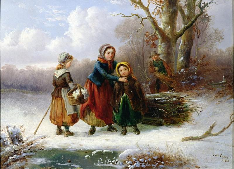 Три девчушки в зимнем пейзаже. Алексис де Леу