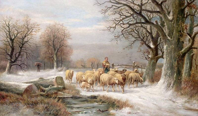 Пастушка со своим стадом в зимнем пейзаже. Алексис де Леу