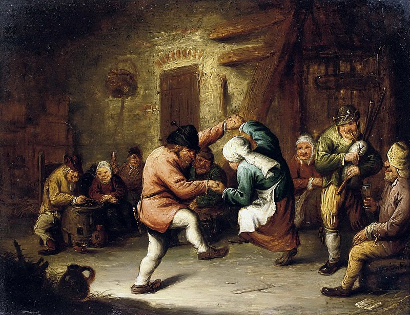 Peasants dancing in an inn. Gerrit Lundens
