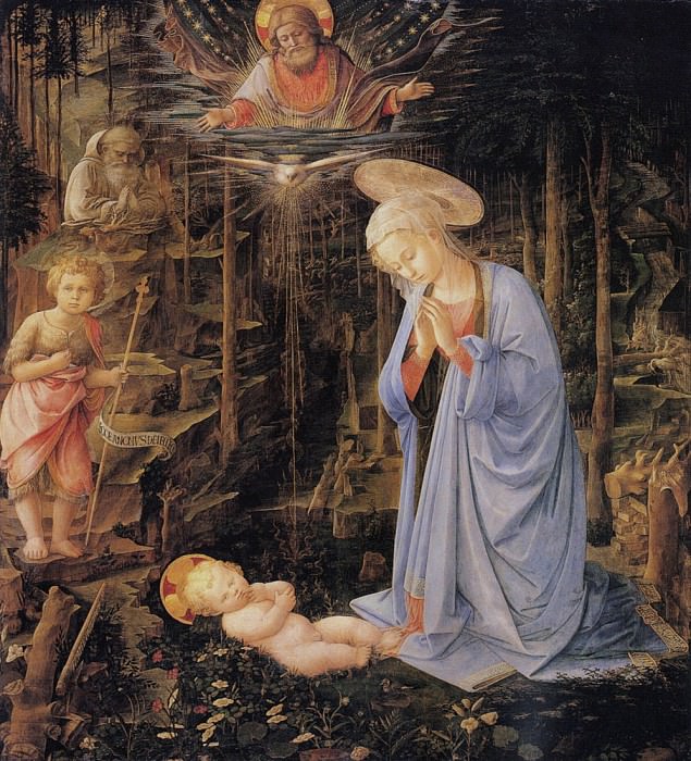 The adoration with the infant Baptist and St. Bernard. Filippino Lippi