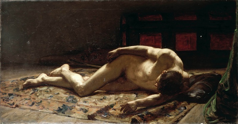 Naked man lying on a carpet. Ponziano Loverini