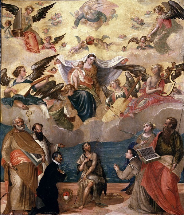 Madonna in Glory with Saints Peter, Benedict of Norcia, John the Baptist, Paul, Catherine of Alexandria, musician angels and donors. Bernardo Lanfranchi