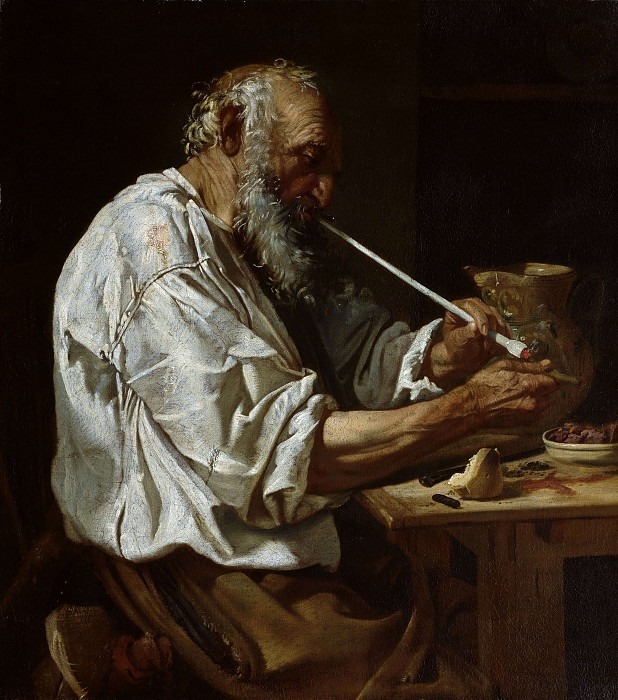 Old Peasant Lighting a Pipe. Johann Carl (Carlotto Bavarese) Loth