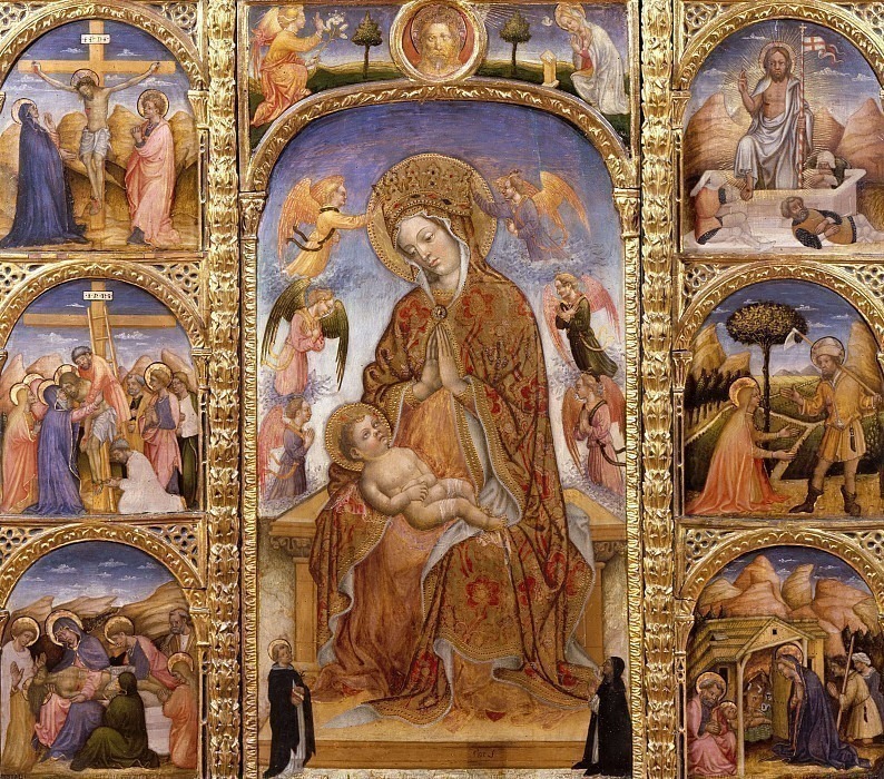 Triptych with stories from the life of Christ (Madonna with Child and angels adored by St. Dominic and a Dominican nun). Lorenzo da Venezia (Master of Ceneda)