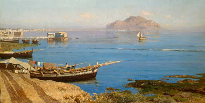 Марина с лодкой и рыбаками. Франческо Лояконо