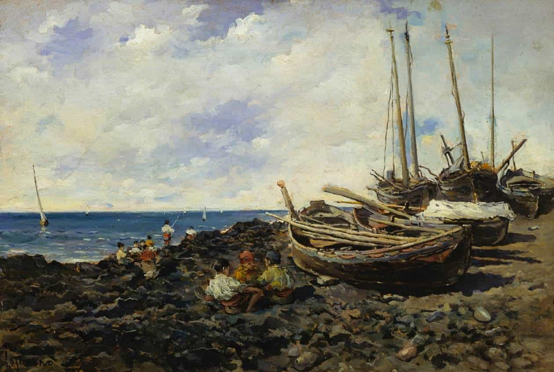 Рыбаки с лодками на берегу. Франческо Лояконо
