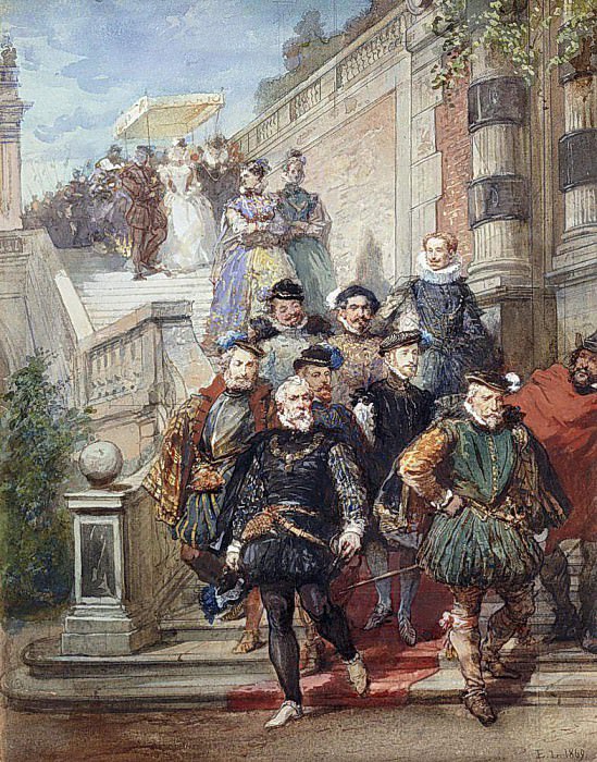 A Royal Procession descending a Stairway in a Garden. Eugene-Louis Lami