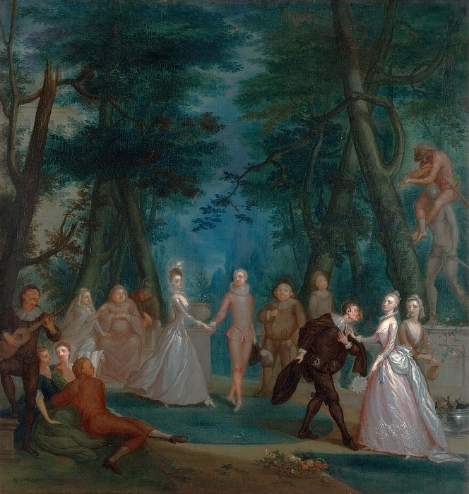 Scene in a park, with figures from the “Commedia dell’Arte”