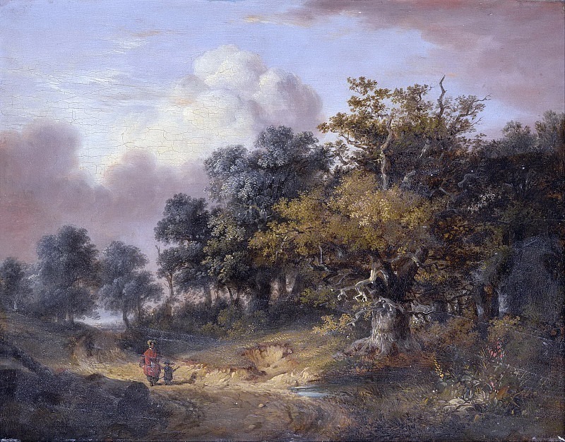 Лесной пейзаж с женщиной и ребёнком, идущими по дороге
