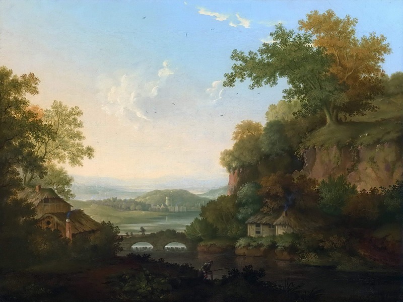 A River Scene with Thatched Huts by a Bridge over a Weir