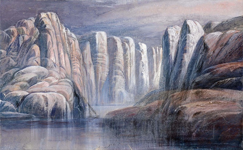 River pass, between barren rock cliffs. Edward Lear