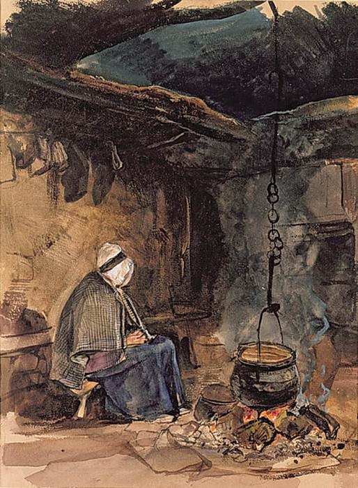 Watching the pot boil - a cottage interior. John Frederick Lewis