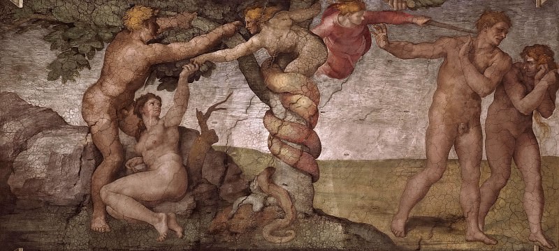 Грехопадение и Изгнание из рая (до реставрации). Микеланджело Буонарроти