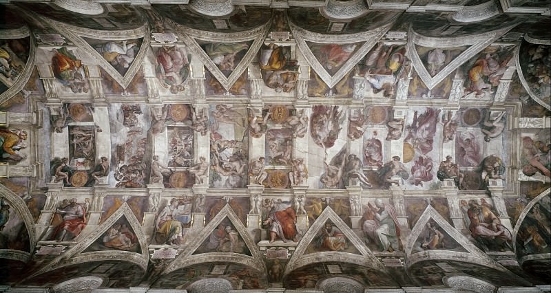 Общий вид потолка Сикстинской капеллы (до реставрации 1980-99). Микеланджело Буонарроти