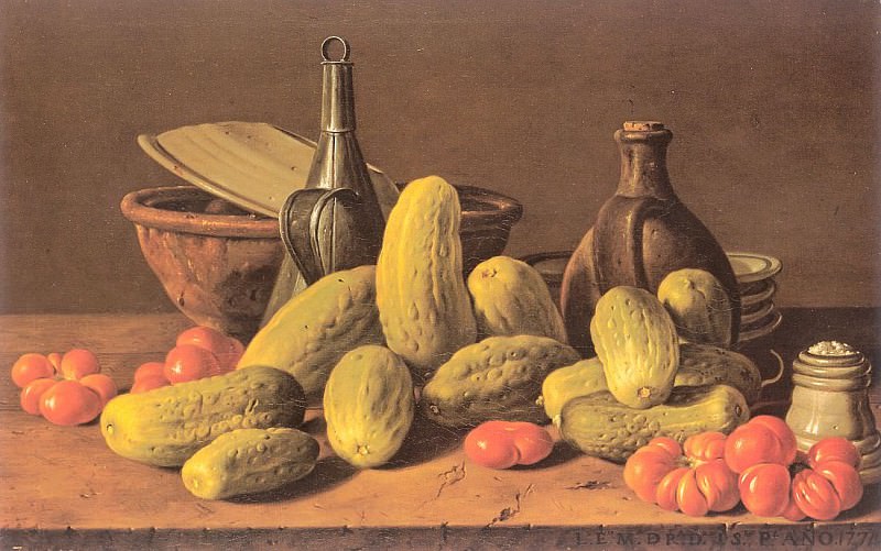 Still life with cucumbers, tomatoes and dishes. Luis Eugenio Meléndez