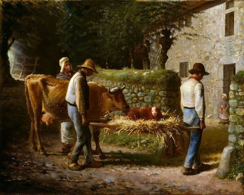 Крестьяне заносят в дом телёнка, родившегося в поле. Жан-Франсуа Милле