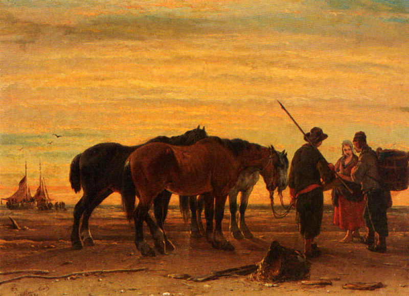 Fishermen With Their Horses On The Beach. Joseph Jodocus Moerenhout