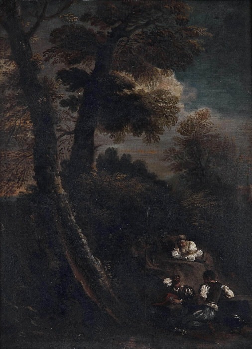 Пейзаж с женщиной и двумя солдатами. Пьер Франческо Мола (Приписывается)
