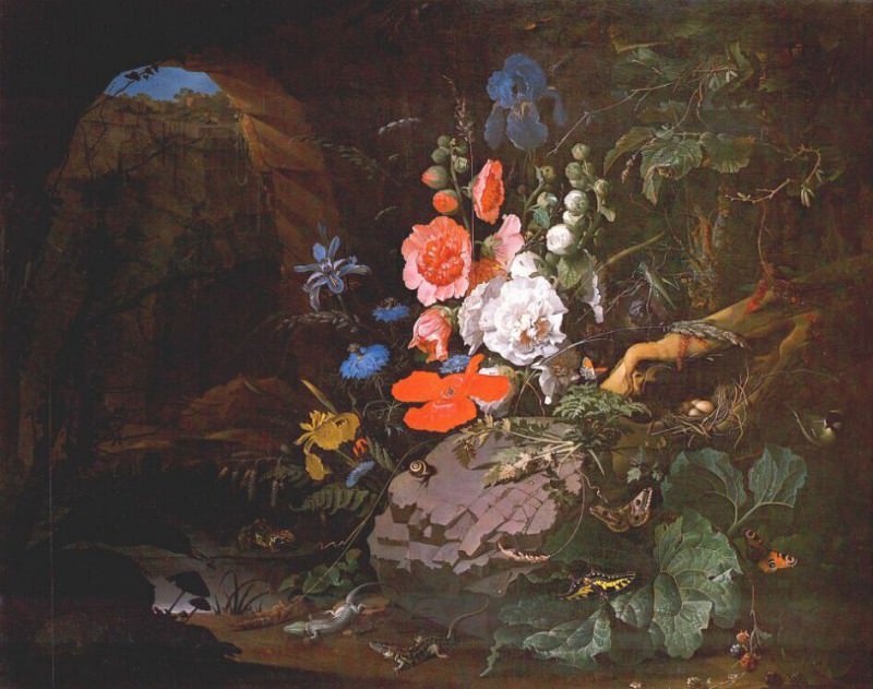 flowers birds insects and reptiles in a cave c1675. Abraham Mignon
