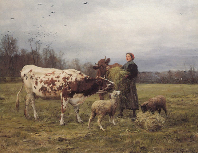 Marais Adolphe Wintertime with Cows and Sheep. Adolphe Charles Marais