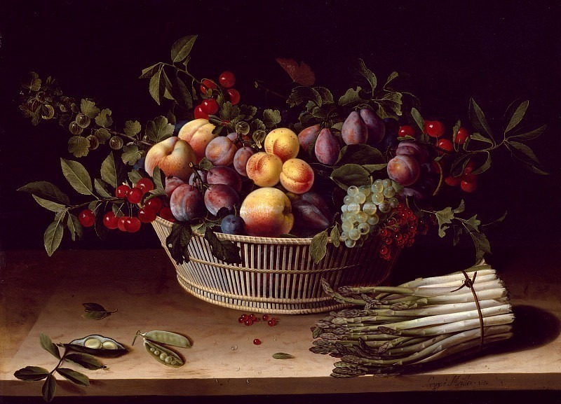 Still Life with a Basket of Fruit and a Bunch of Asparagus. Louise Moillon