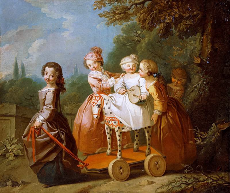 A Young Boy on a Hobbyhorse, with other Children Playing in a Garden. Philippe Mercier