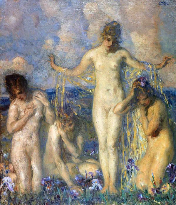 Four female nudes in a meadow with irises. Carl Von Marr