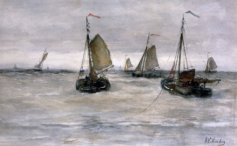 Ships on a choppy sea. Hendrik Willem Mesdag