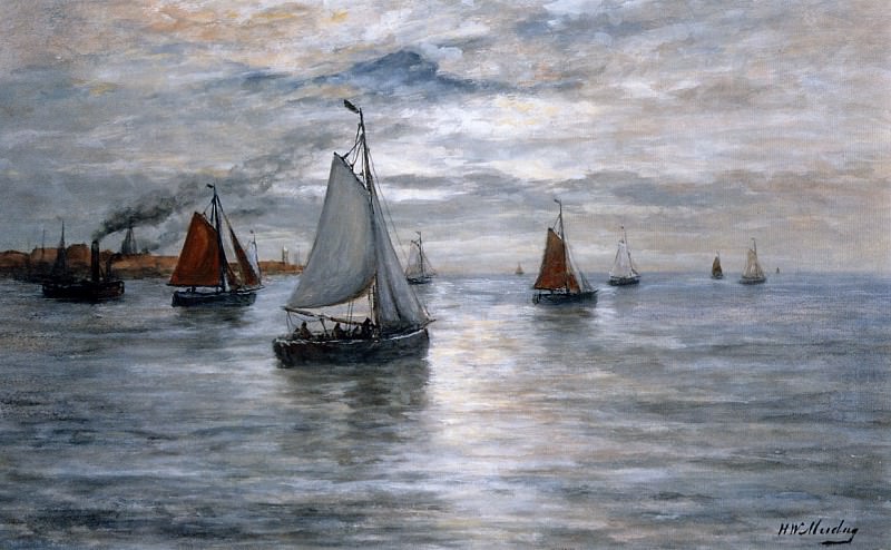 Sailing ships at Scheveningse coast Su. Hendrik Willem Mesdag