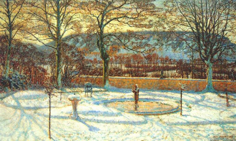 macmonnies un coin de parc par temps de neige pre-1904. Frederick Macmonnies