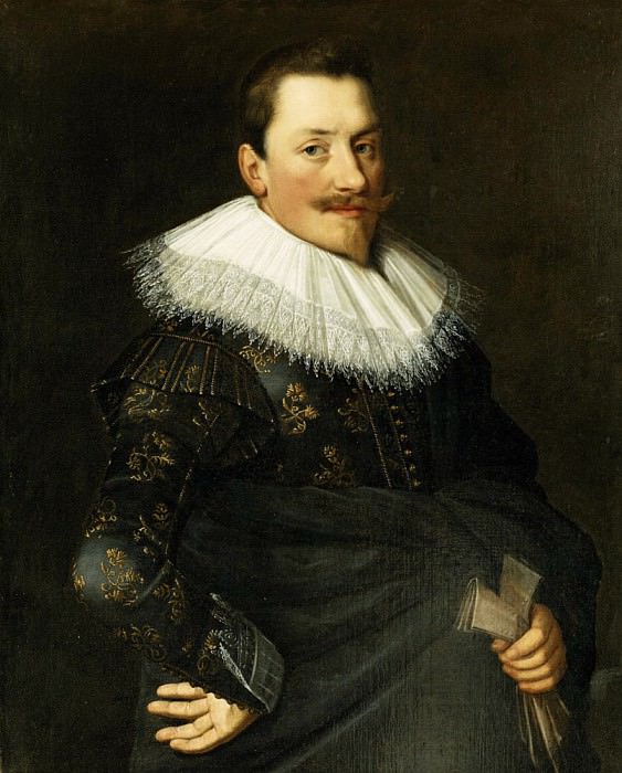 Portrait of a Gentleman, Standing half length, Wearing a Blue Costume with Gold Embroidery. Paulus Moreelse