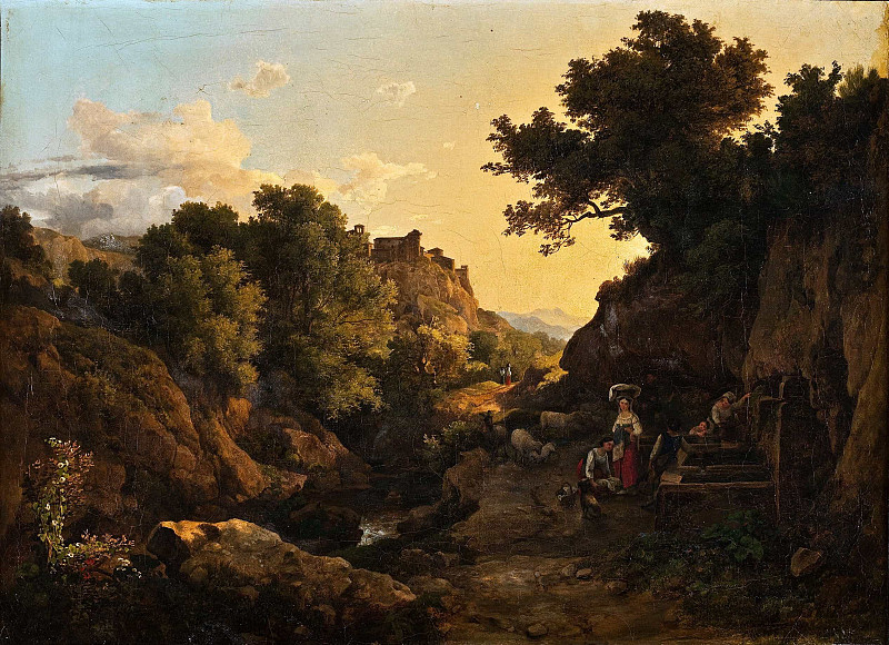 Italian Mountain Scene, Woman By A Fountain. Károly Markó