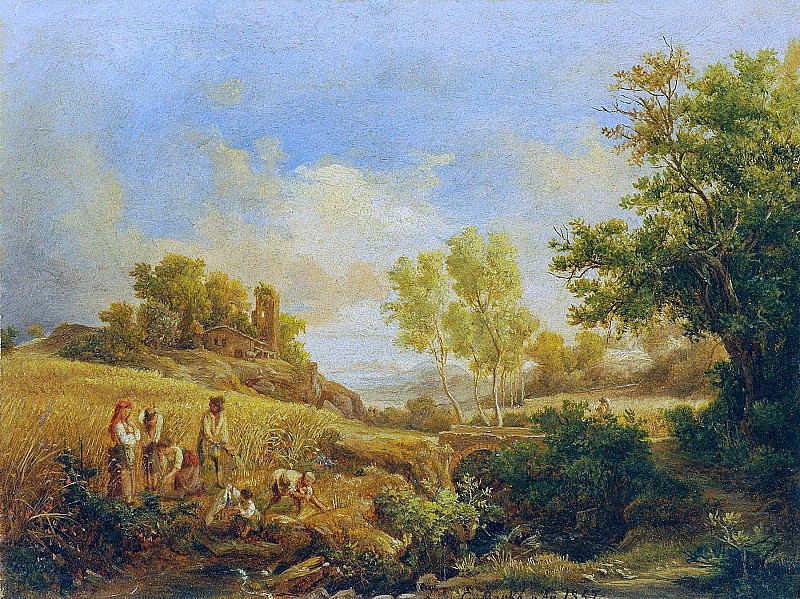 Landscape with hay harvest; Landschaft mit Heuernte. Károly Markó