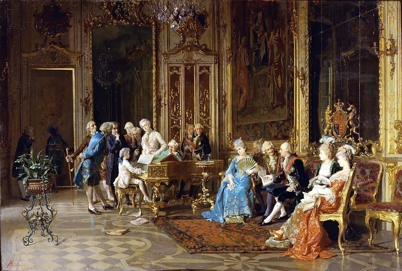 Mozart plays the harpsichord for George III of Hanover. Giocomo Mantegazza