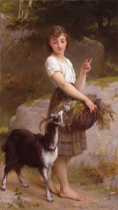 Юная девушка с козой и цветами. Эмиль Мунье
