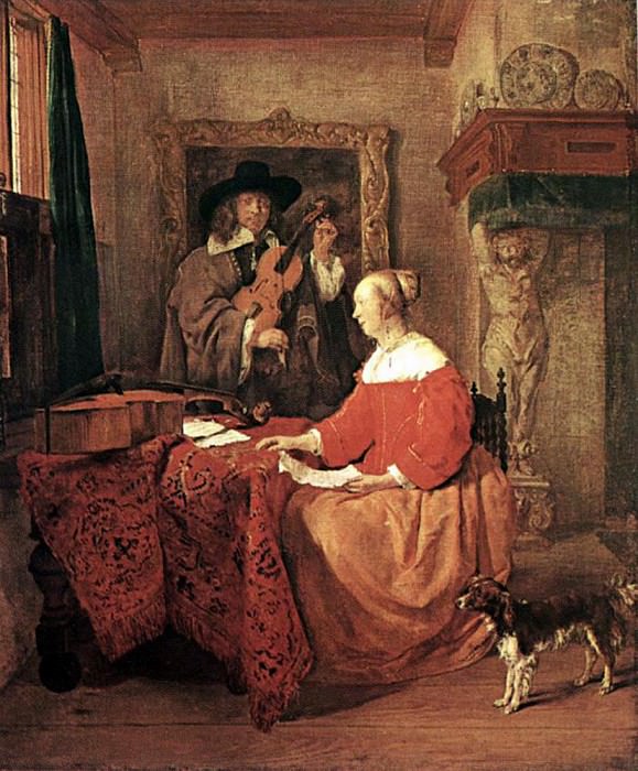 A Woman Seated At A Table And A Man Tuning A Violin. Gabriel Metsu