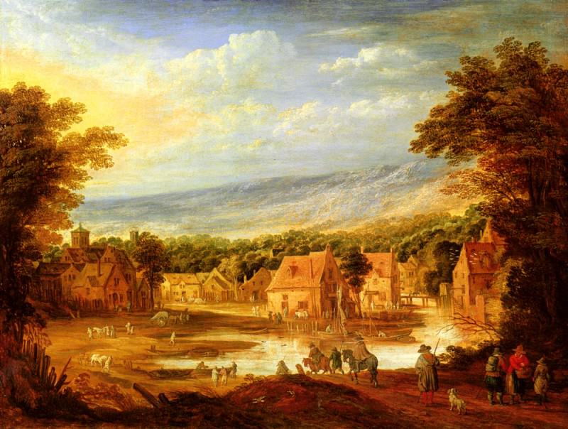 Панорамный пейзаж с путниками, приближающимися к деревне, и рекой. Йоос де Момпер