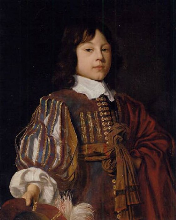 Portrait of a young gentleman in a burgundy doublet with slashed sleeves and a sash a feathered cap in hand. Jan (Mytens) Mijtens