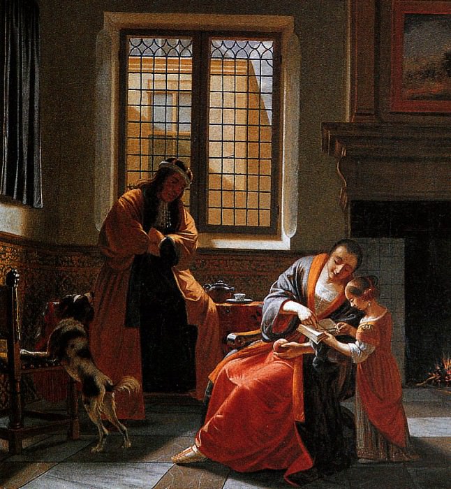 woman reading a letter with her husband and child S. Cornelis De Man