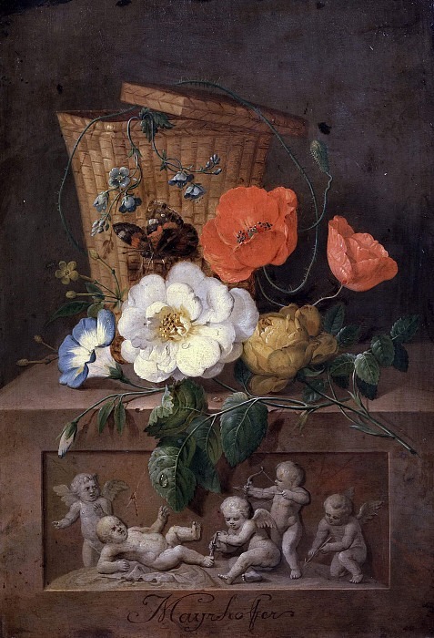 Цветы, бабочка и корзинка на резном основании. Иоганн Непомук Майрхофер