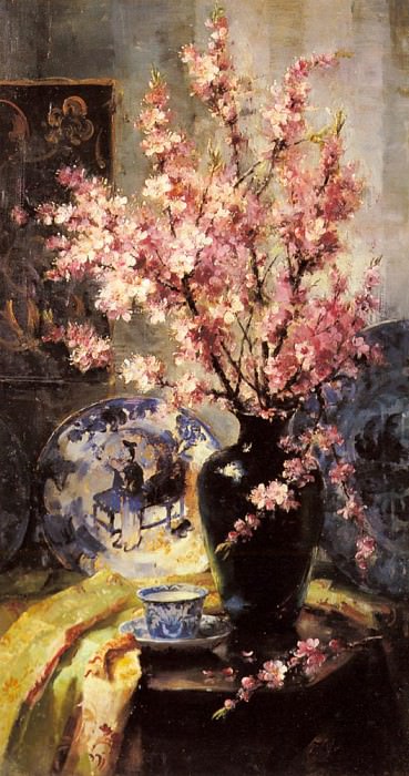Apple Blossoms And Blue And White Porcelain On A Table. Frans Mortelmans