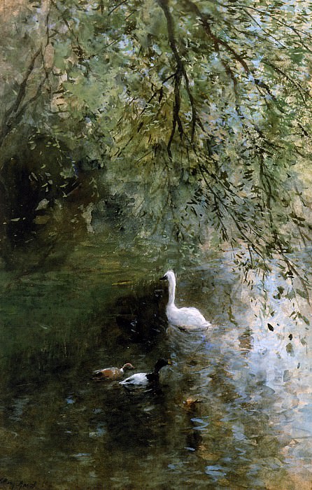 Ducks and swan at the waterside. Willem Maris