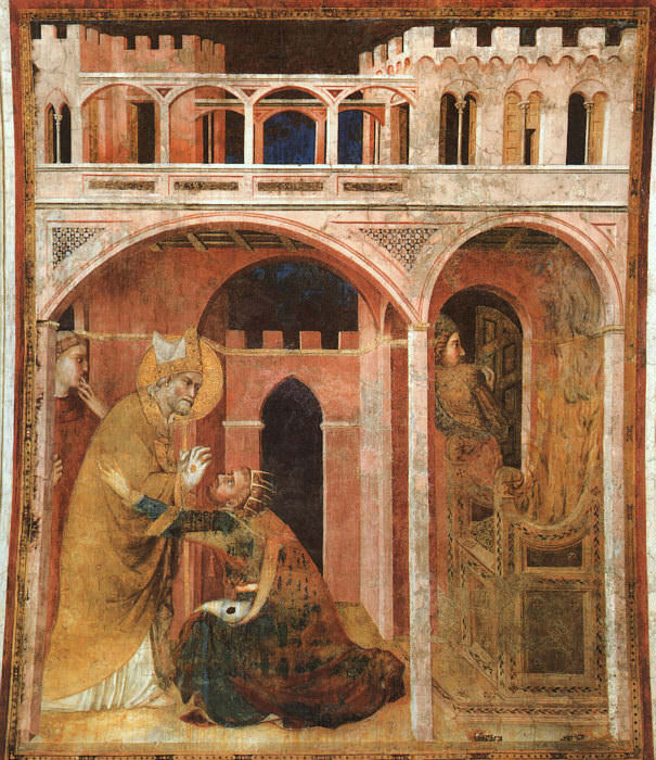 Чудо с огнем, фреска, ок.1321, Нижняя церковь. Симоне Мартини