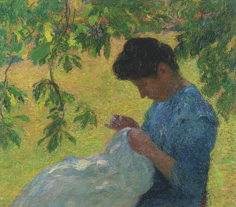 Young Woman Sewing in the Garden. Henri-Jean-Guillaume Martin