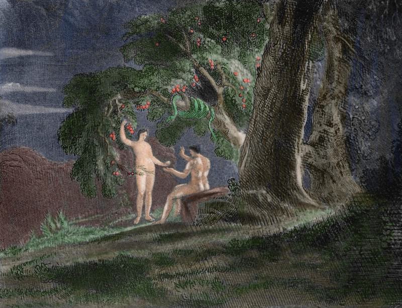 Eve gives Adam the forbidden fruit. Paradise Lost by John Milton. John Martin