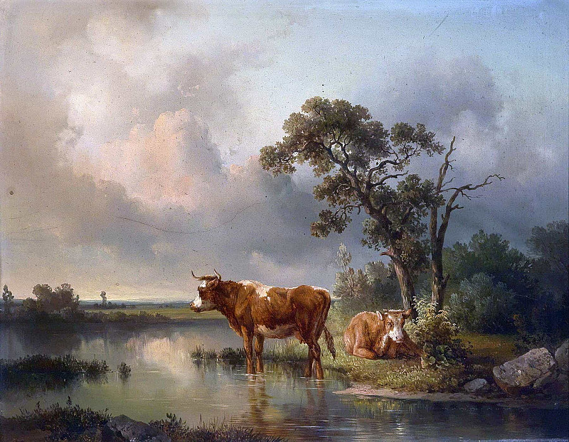 Cows resting at the pond; Rastende Kühe am Weiher. Edmund Mahlknecht